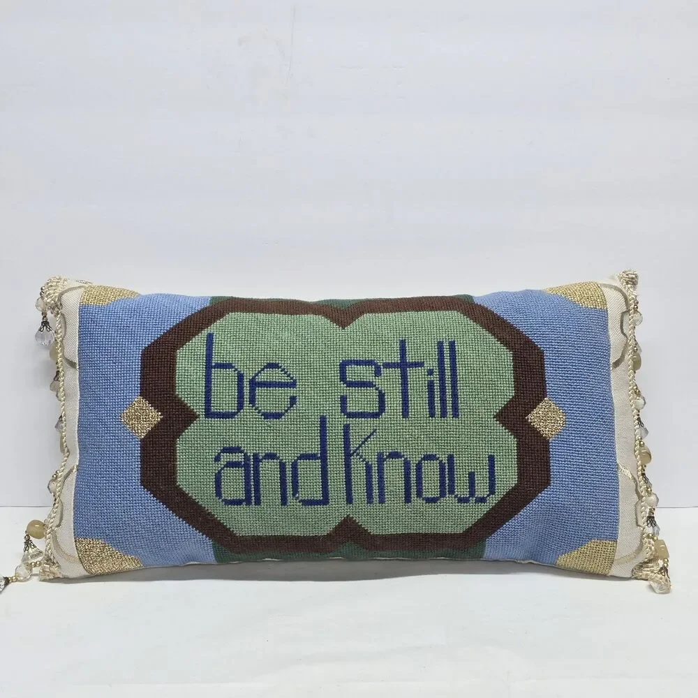 'Be Still And Know' Needlepoint Throw Pillow Beads Embellished Boho Cottagecore